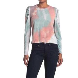 New Know One Cares Jade Coral Tie Dye Puff Sleeve Top Blouse Size L
